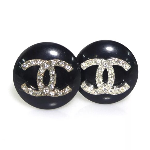 Auth CHANEL Vintage CC Logo Clip on Earrings Silver/Black Metal/Plastic e59729g - Picture 1 of 16
